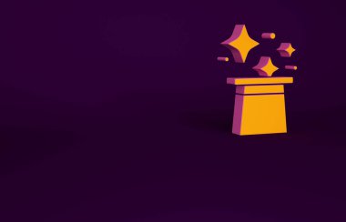 Mor arkaplanda izole edilmiş turuncu sihirli şapka simgesi. Sihir numarası. Gizemli eğlence konsepti. Minimalizm kavramı. 3d illüstrasyon 3B canlandırma.