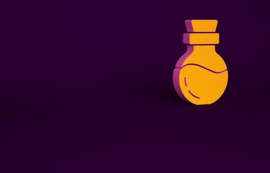 Mor zemin üzerinde iksir ikonu olan turuncu şişe. Sihirli iksirli matara. Mutlu Cadılar Bayramı Partisi. Minimalizm kavramı. 3d illüstrasyon 3B canlandırma.