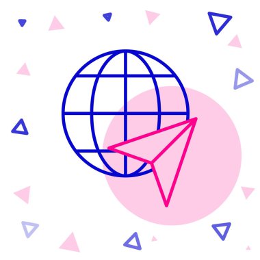 Uçan uçak ikonuna sahip Line Globe beyaz arka planda izole edildi. Uçak Dünya 'nın etrafında uçuyor. Uçak dünyası ikonu. Renkli taslak konsepti. Vektör İllüstrasyonu.