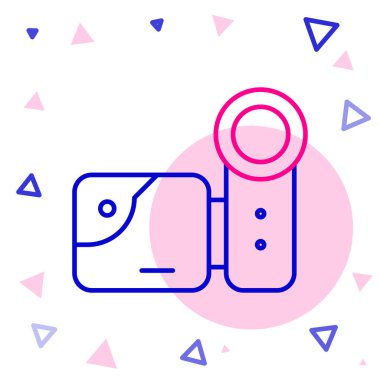 Çizgi sinema kamerası simgesi beyaz arkaplanda izole edildi. Video kamera. Film tabelası. Film projektörü. Renkli taslak konsepti. Vektör İllüstrasyonu.