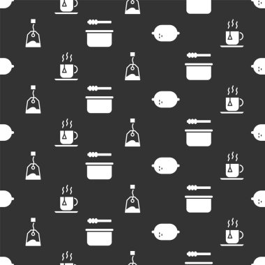 Lemon, çay poşeti, çay poşeti, sauna kovası ve kepçeyle kusursuz deseni hazırla. Vektör.