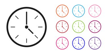 Siyah Saat simgesi beyaz arkaplanda izole edildi. Zaman sembolü. Simgeleri renklendirin. Vektör İllüstrasyonu.