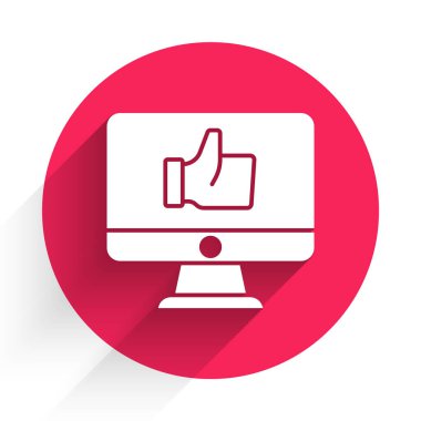 Beyaz El, uzun gölgeli bir ikon gibidir. Kırmızı daire düğmesi. Vektör.