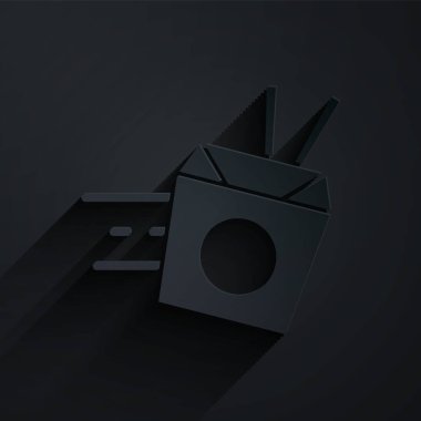 Kağıt kesiği online sipariş ve erişte teslimat ikonu siyah arka planda izole edildi. Kağıt sanatı tarzı. Vektör.