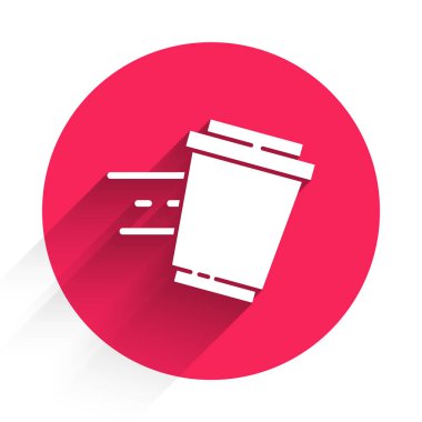 Beyaz kahve fincanı uzun gölgeli bir ikona dönüşecek. Kırmızı daire düğmesi. Vektör.