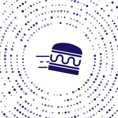 Mavi Çevrimiçi sipariş ve hamburger dağıtım ikonu beyaz arka planda izole edildi. Soyut çember rastgele noktalar. Vektör.