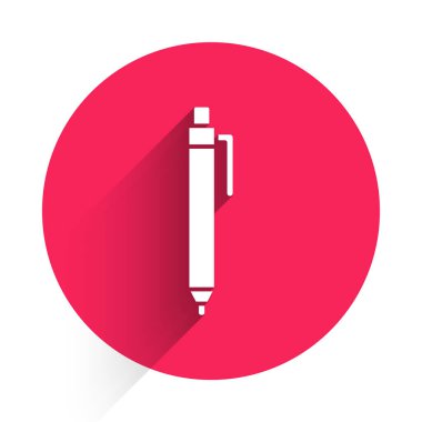 Beyaz Kalem simgesi uzun gölgeyle izole edildi. Kırmızı daire düğmesi. Vektör.