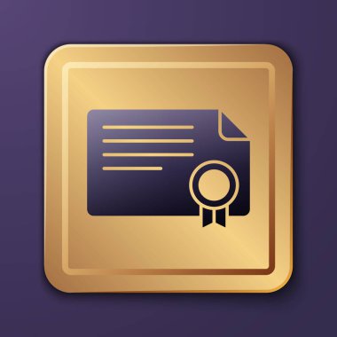 Mor Sertifika şablon simgesi mor arkaplanda izole edildi. Başarı, ödül, diploma, burs, diploma kavramları. Altın kare düğme. Vektör.