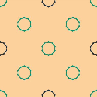 Yeşil ve siyah güneş ikonu, bej arkaplandaki kusursuz deseni izole etti. Vektör.