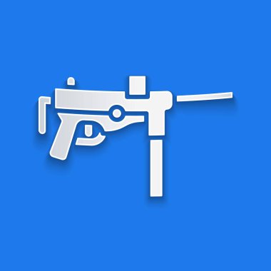 Kağıt kesiği makineli tüfek M3, yağ tabancası simgesi mavi arkaplanda izole edilmiş. Kağıt sanatı tarzı. Vektör.