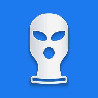Kağıt kesiği kar maskesi simgesi mavi arkaplanda izole edilmiş. Kış sporları için bir parça kıyafet ya da bir suçlu ya da hırsız için bir maske. Kağıt sanatı tarzı. Vektör.