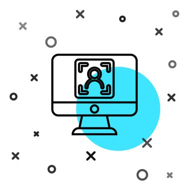 Beyaz arkaplanda yüz tanıma simgesine sahip siyah çizgi monitörü. Yüz tanımlama simgesi. Yüz tanıma. Siber güvenlik kavramı. Rastgele dinamik şekiller. Vektör.