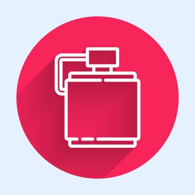 Beyaz çizgi kantin su şişesi ikonu uzun gölgeli izole edilmiş. Turist matarası ikonu. Kampanyada bir kavanoz su kullanıldı. Kırmızı daire düğmesi. Vektör.