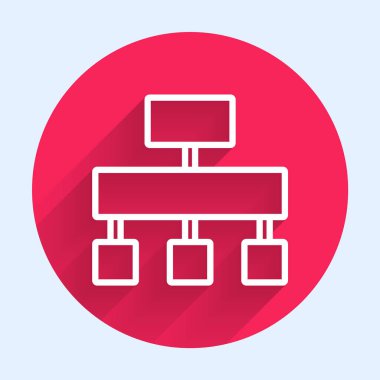 Beyaz çizgi haritası simgesi uzun gölgeli izole edildi. Kırmızı daire düğmesi. Vektör.