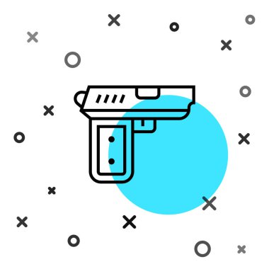 Siyah çizgi tabanca ya da silah ikonu beyaz arkaplanda izole edilmiş. Polis ya da askeri silah. Küçük ateşli silah. Rastgele dinamik şekiller. Vektör.