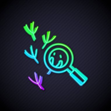 Siyah arkaplanda izole edilmiş büyüteç simgesinin altında parlayan neon çizgisi Kuş ayak izi. Hayvan ayağı. Vektör.