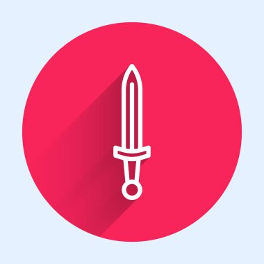 Beyaz çizgi Ortaçağ kılıç ikonu uzun gölgeli izole edilmiş. Ortaçağ silahı. Kırmızı daire düğmesi. Vektör.