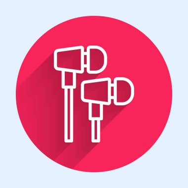 Beyaz çizgi hava kulaklığı simgesi uzun gölgeli izole edilmiş. Kulaklıklar için kablosuz cihaz. Elektronik cihazlar. Kırmızı daire düğmesi. Vektör.