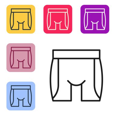 Siyah çizgili bisiklet şortu simgesi beyaz arkaplanda izole edildi. Renkli kare düğmelerle simgeleri ayarla. Vektör.