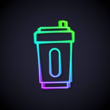 Siyah zemin üzerinde su ikonu olan parlak neon hattı spor şişesi. Vektör.