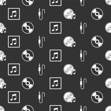 Vinil diski, CD veya DVD diski, müzik notası, ton ve ses kriptosu ayarlayın. Vektör.