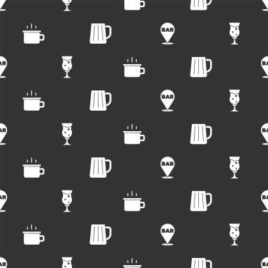 Alkol barının yerini belirle, bir bardak bira, kahve fincanı ve tahta bardağı pürüzsüz kalıba geçir. Vektör.