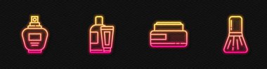 Krem veya losyon kozmetik tüpü, parfüm ve makyaj fırçasını ayarla. Parlayan neon ikonu. Vektör.