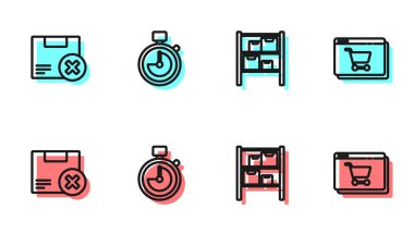 Depo, karton kutu ve silme, Stopwatch ve Online alışveriş ekranı simgesi ayarla. Vektör.