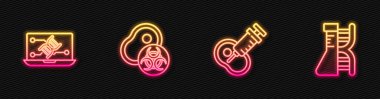 Genetik olarak modifiye edilmiş et, mühendislik modifikasyonu ve DNA araştırması yapın. Parlayan neon ikonu. Vektör.