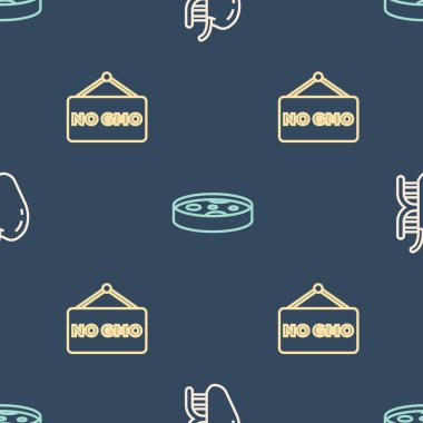 Genetik olarak modifiye edilmiş elma, GDO yok ve petri kabını kusursuz desenli bakteri ile ayarla. Vektör.