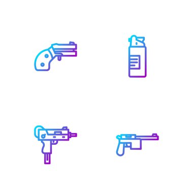 Mauser silahı, UZI alt makinesi, küçük tabanca ve yağ şişesi ayarlayın. Renk simgeleri. Vektör.