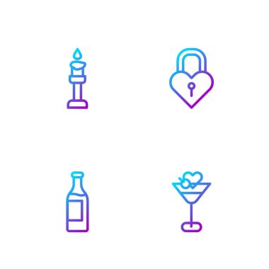 Martini bardağı, şarap şişesi, yanan mum ve kalenin kalp şeklini ayarla. Renk simgeleri. Vektör.