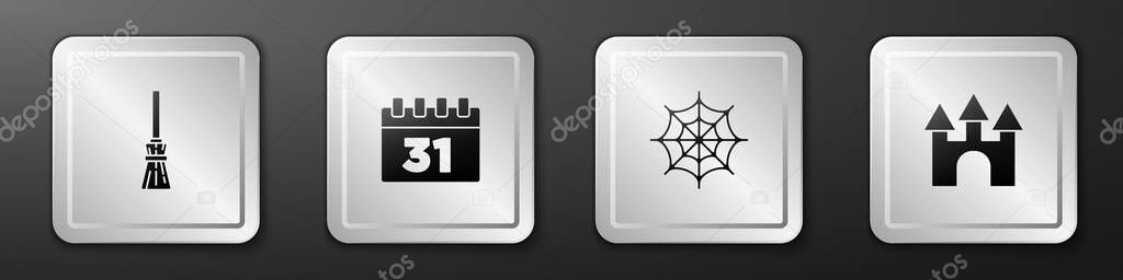 Set Witches broom, Calendar with Halloween, Spider web and Castle icon. Silver square button. Vector.