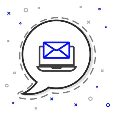 Zarflı dizüstü bilgisayar ve açık e- posta ekrandaki simge beyaz arkaplanda izole edildi. E-posta pazarlama, internet reklamcılığı kavramları. Renkli taslak konsepti. Vektör İllüstrasyonu.