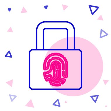 Beyaz arkaplanda kilit simgesi izole edilmiş çizgi parmak izi. Kimlik uygulaması simgesi. Kimlik işareti. Kimliğe dokun. Renkli taslak konsepti. Vektör.