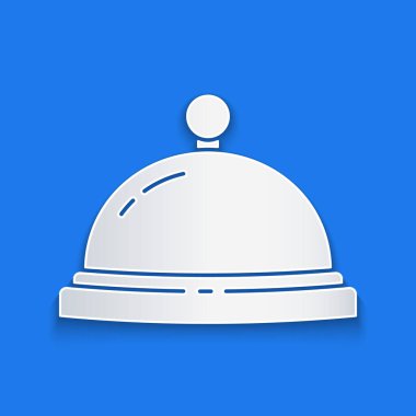 Kağıt kesiği otelin servis çanı simgesi mavi arkaplanda izole edildi. Resepsiyon zili. Kağıt sanatı tarzı. Vektör İllüstrasyonu.