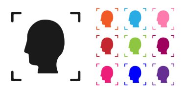 Siyah Yüz tanımlama simgesi beyaz arkaplanda izole edildi. Yüz tanımlama simgesi. Yüz tanıma. Siber güvenlik kavramı. Simgeleri renklendirin. Vektör.