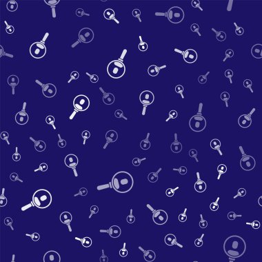 Arama için beyaz büyüteç. Mavi arka planda izole edilmiş bir insan simgesi. İşe alma ya da seçme. Çalışanları ve işi ara. Vektör.