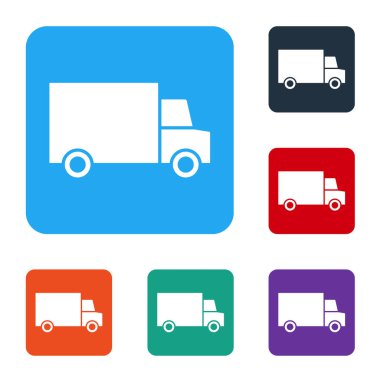 Beyaz Hızlı beyaz arka planda izole edilmiş araba ikonu ile 24 saat teslimat. Renkli kare düğmelerle simgeleri ayarla. Vektör.