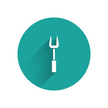 Kağıt kesiği barbekü çatalı simgesi mavi arkaplanda izole edildi. Mangal çatalı tabelası. Barbekü ve ızgara aleti. Kağıt sanatı tarzı. Vektör.