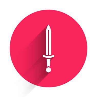 Beyaz Ortaçağ kılıç ikonu uzun gölgelerle izole edilmiş. Ortaçağ silahı. Kırmızı daire düğmesi. Vektör.