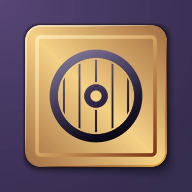 Mor arka planda Yunan süs ikonu olan mor bir Yunan kalkanı. Altın kare düğme. Vektör.