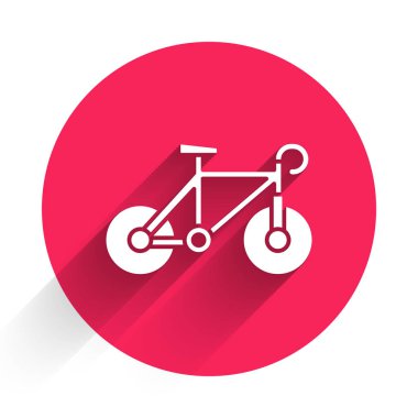 Uzun gölgeli beyaz bisiklet ikonu. Bisiklet yarışı. Olağanüstü bir spor. Spor malzemeleri. Kırmızı daire düğmesi. Vektör.