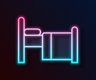 Parlayan neon çizgisi hastane yatak ikonu siyah arka planda izole edildi. Vektör.
