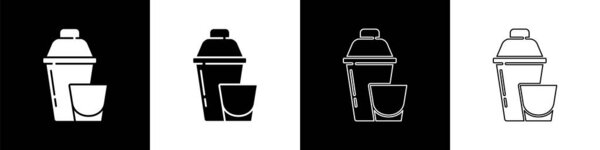 Набор коктейль шейкер с иконкой коктейль стекло изолированы на черно-белом фоне. Вектор.