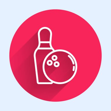 Uzun gölgeli beyaz çizgi bovling lobutları ve top ikonu. Spor malzemeleri. Kırmızı daire düğmesi. Vektör.