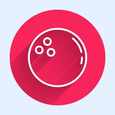 Beyaz çizgi bowling topu ikonu uzun gölgeli izole edilmiş. Spor malzemeleri. Kırmızı daire düğmesi. Vektör.