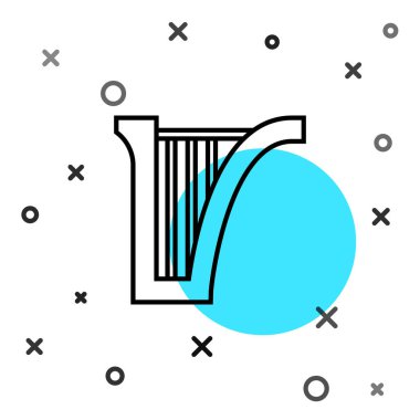 Siyah çizgi harp simgesi beyaz arkaplanda izole edildi. Klasik müzik enstrümanı, orkestra akustik elementi. Rastgele dinamik şekiller. Vektör.