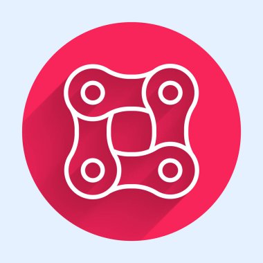 Beyaz çizgi bisiklet zinciri ikonu uzun gölgeli izole edilmiş. Bisiklet zinciri sıçrama iletimi. Kırmızı daire düğmesi. Vektör.