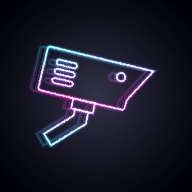 Parlayan neon hat kamera ikonu siyah arkaplanda izole edildi. Vektör.